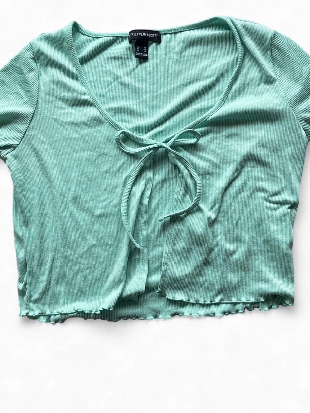 3/12$ Streetwear Society Lettuce Hem Green Ribbed Tie-Front Crop Top | SIZE XL
